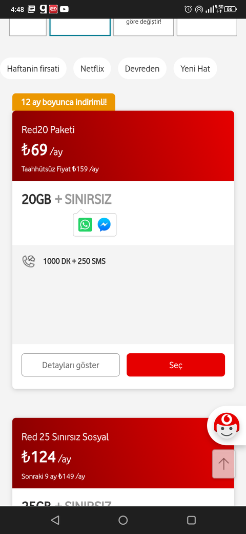 Vodafone Red20 tarifesi 20 GB +1000 Dk 69 TL