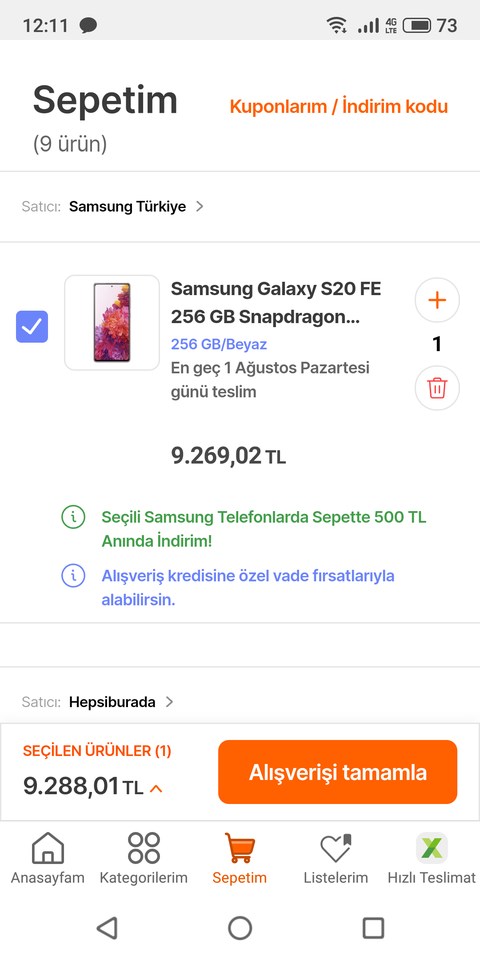 Samsung s20FE 8/256 GB 9.269 TL