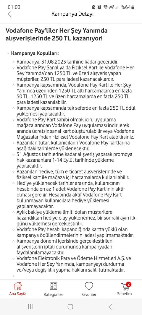 Vodafonepay-Vodafone Yanımda alışverişine 250 lira iade