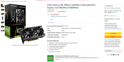 10508TL EVGA RTX 3060 XC GAMING amazon.com.tr (germany)