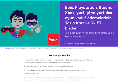 Tosla Steam Kampanyası ile %15 geri iade