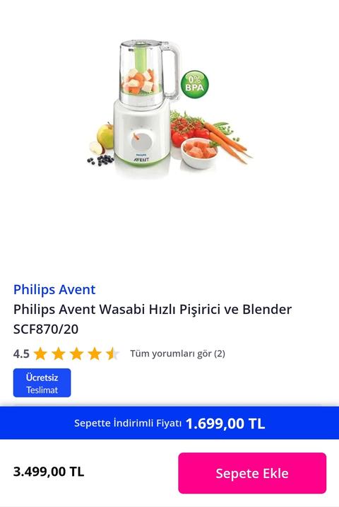 Philips Avent Wasabi Hızlı Pişirici ve Blender SCF870/20 1700tl