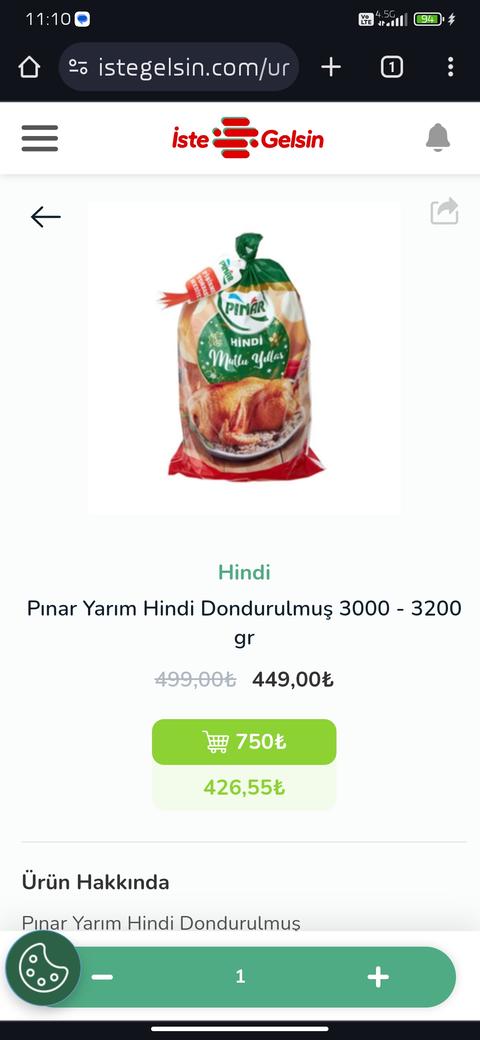 İsteGelsin Dondurulmuş Yarim Hindi 426.55 tl