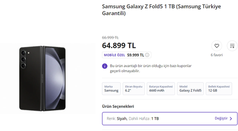 Galaxy Z Fold 5 (1 TB) bugüne kadarki en düşük fiyat: 59.999 TL