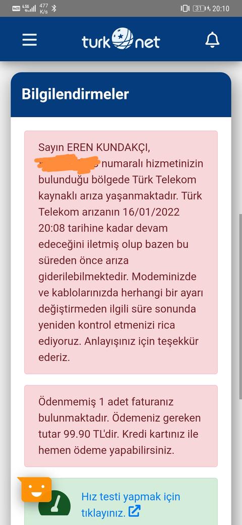 Türknet/Türk Telekom kaynaklı arıza