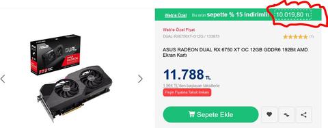 Asus Dual 6750XT 10.000 TL (Vatan Bilgisayar)