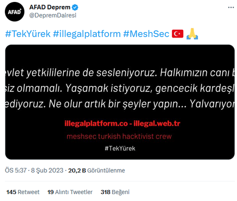 AFAD DEPREM twitter hesabı hacklendi