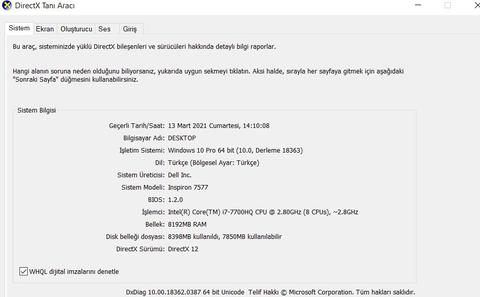 Dell İnspiron  7577 8 GB Ram 1050ti Ekran kartı i7 7th Gen Fiyat