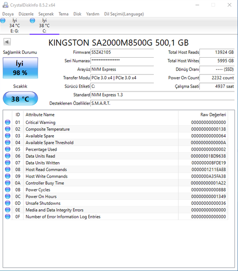 Kingston A2000 nvme saglık sorunu