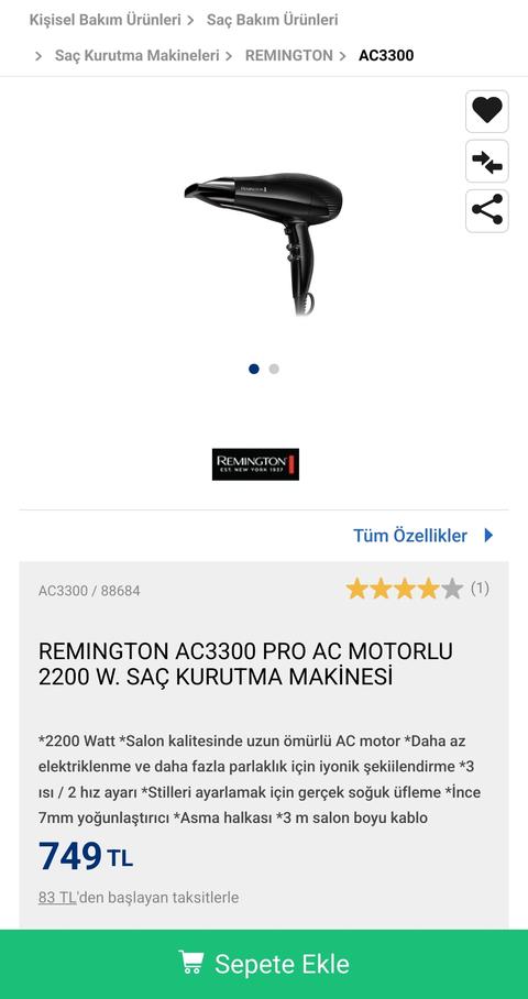 Remington AC3300 Hair Dryer 750 TL