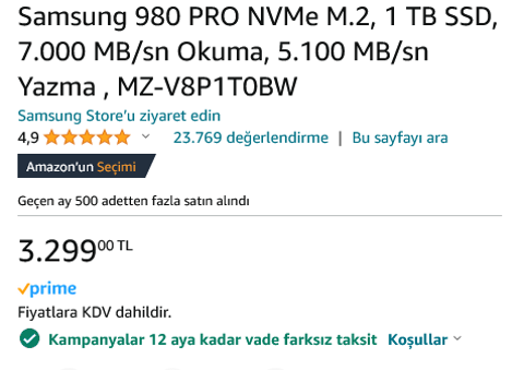 Samsung 980 PRO NVMe M.2 1 TB SSD 3299 TL Peşin 12 Taksit