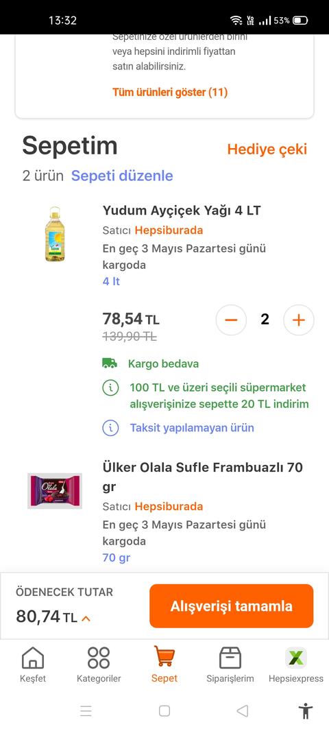 Yudum Ayçiçek Yağı - 4 lt 49 TL (HB) Kargo Dahil