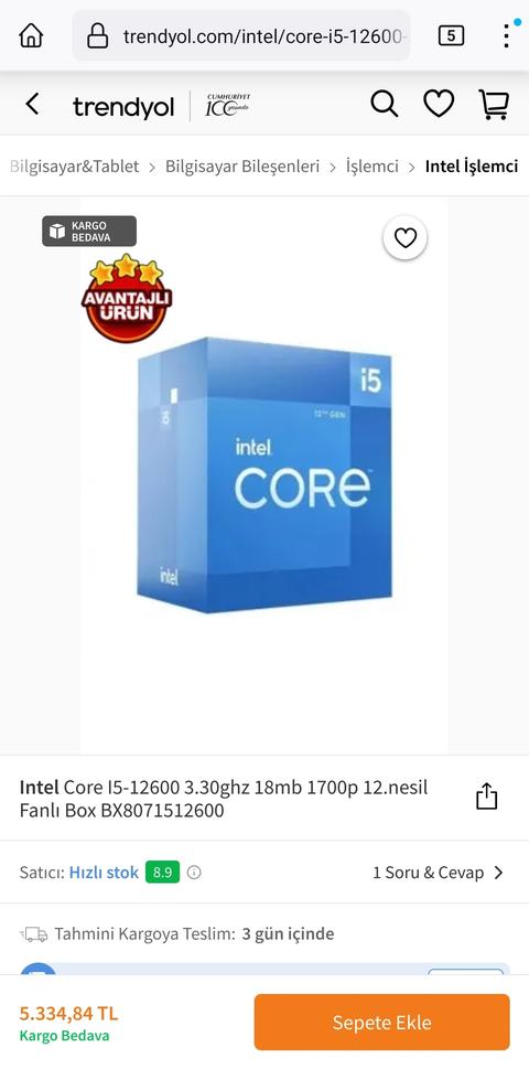 Intel Core I5-12600 3.30ghz 18mb 1700p 12.nesil 5335TL