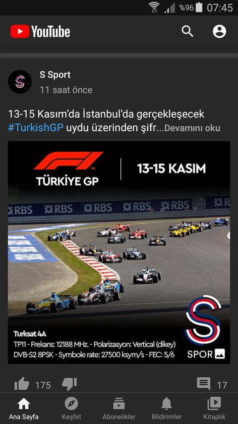 Türkiye GP Uydu Üzerinden Şifresiz Yayınla S Sport Plus'ta ( F1 13-15 Kasım)