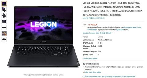 Önsipariş - Lenovo Legion 5 (17.3 inç 1080p + RTX 3070 + R7 5800H) - 1600 Euro - Amazon.de