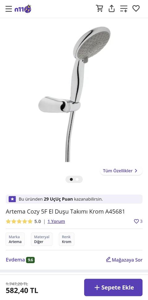 Artema A45681 Cozy 5F El Duşu Takımı 582tl