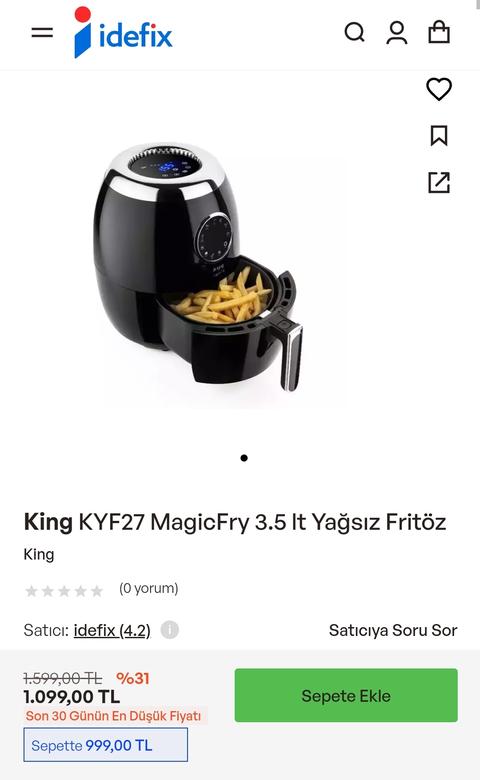 King KYF27 MagicFry 3.5 lt Yağsız Fritöz 999TL