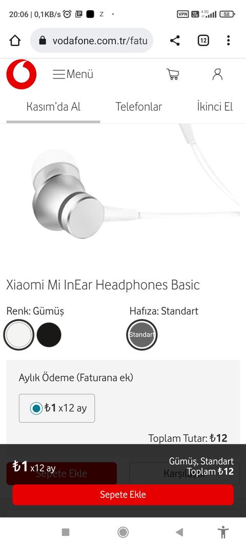 Vodofone Yanımda Aylık 1 TL Xiaomi Mi InEar Headphones Basic Faturaya Ek