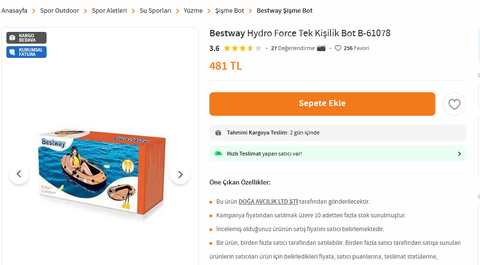 (N11) 400 TL'lik Şişme Bot 144 TL Kargo Dahil