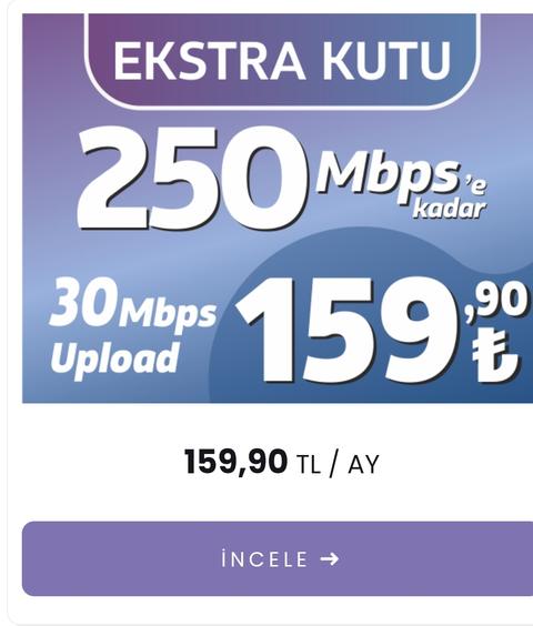 İnternet Kutusu Fiber/Vdsl/Adsl Taahhütsüz (100 Mbps 99,90 / 250 Mbps 159,90 TL )