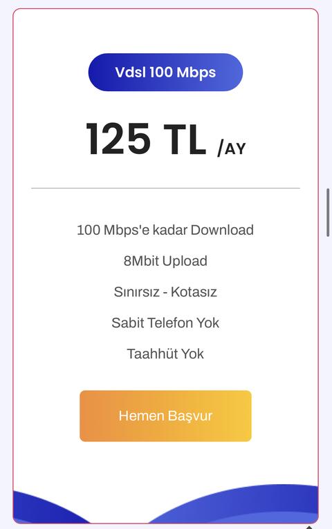 Ay Telekom 100 Mbps (Taahütsüz) 125₺