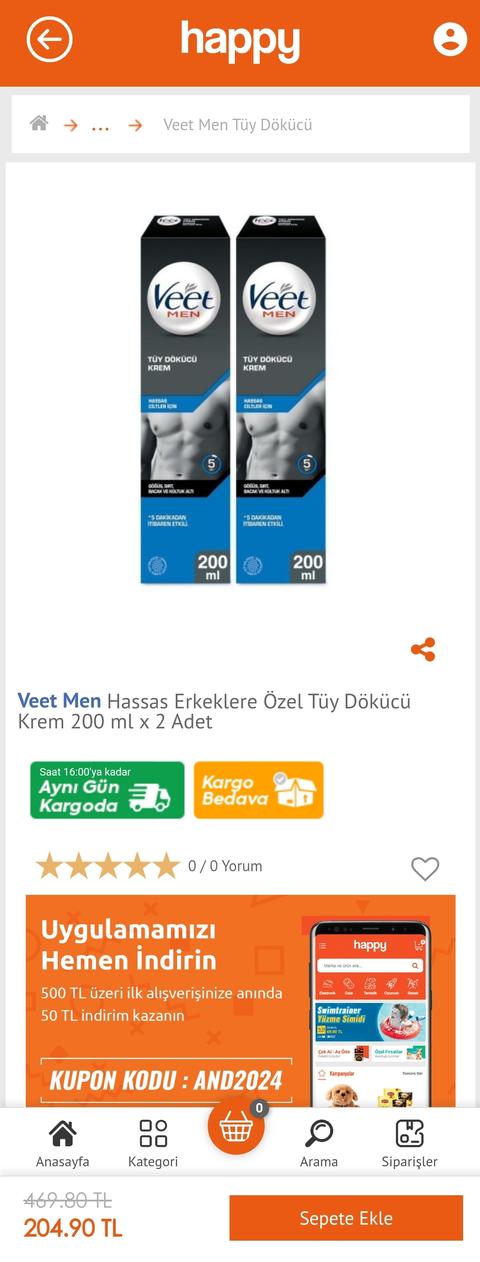 Veet Men Tüy Dökücü Krem Hassas 200 ml 2adet 205tl