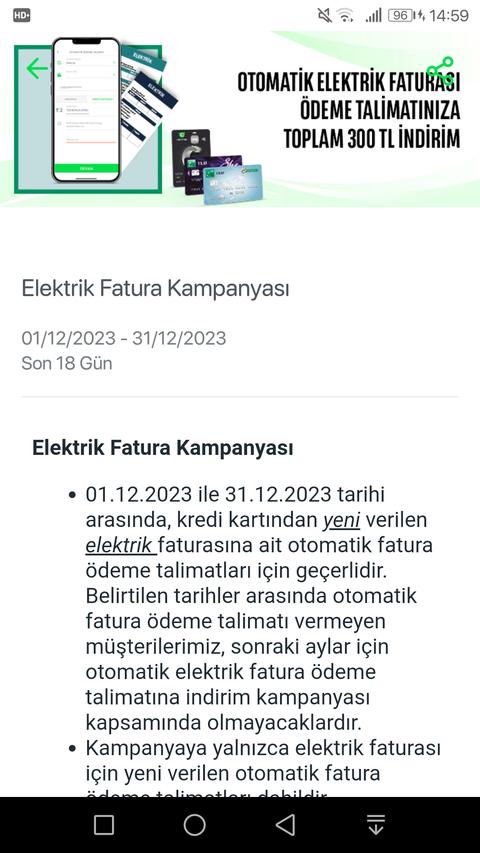 TEB Kredi Kartı elektrik faturası OÖT %20 iade - 300 TL