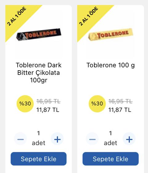 Toblerone 100 gram 1 alana 1 bedava 11.87₺ (CarrefourSA)