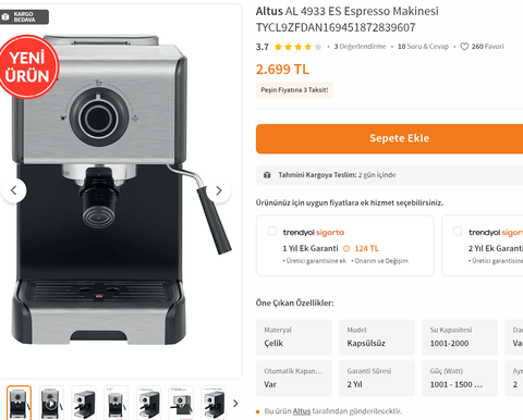 Altus Espresso Makinesi 2699 TL