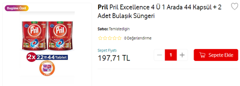 📢 Pril Excellence 4 Ü 1 Arada 44 Kapsül + 2 Adet Bulaşık Süngeri 197,71 TL