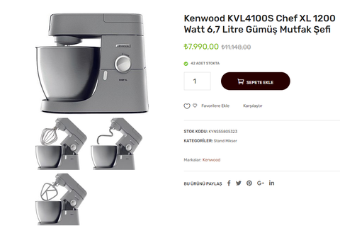 Kenwood KVL4100S Chef XL 1200 Watt 6,7 Litre Gümüş Mutfak Şefi / 1000 TL'lik İndirim Kuponu