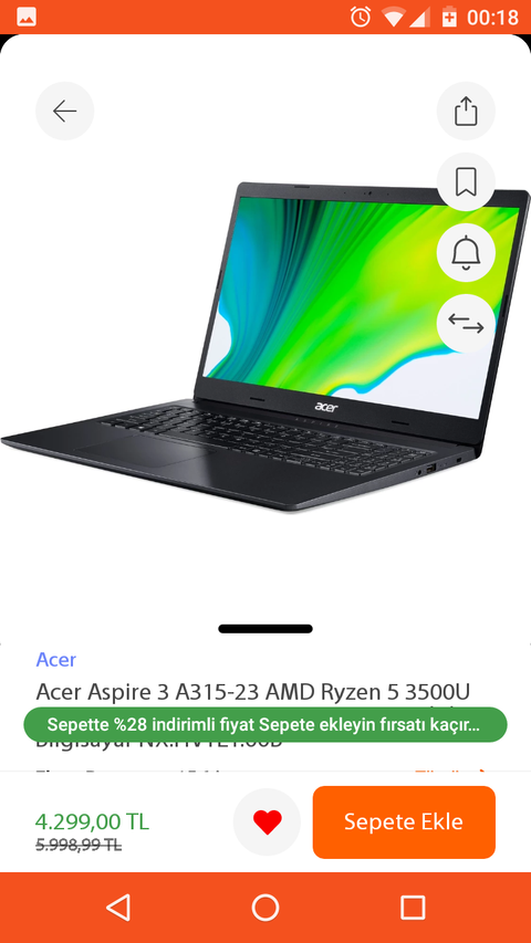 Acer Aspire 3 A315-23 AMD Ryzen 5 3500U 8GB 256 4299₺ HepsiburadaGB SSD Linux 15.6" FHD