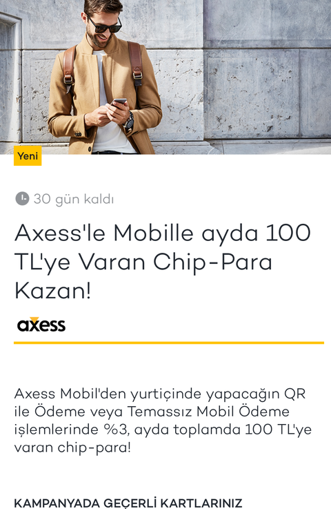 Axessle Qr ve mobil ödemeye yüzde 3 toplamda ayda 100 TL chippara