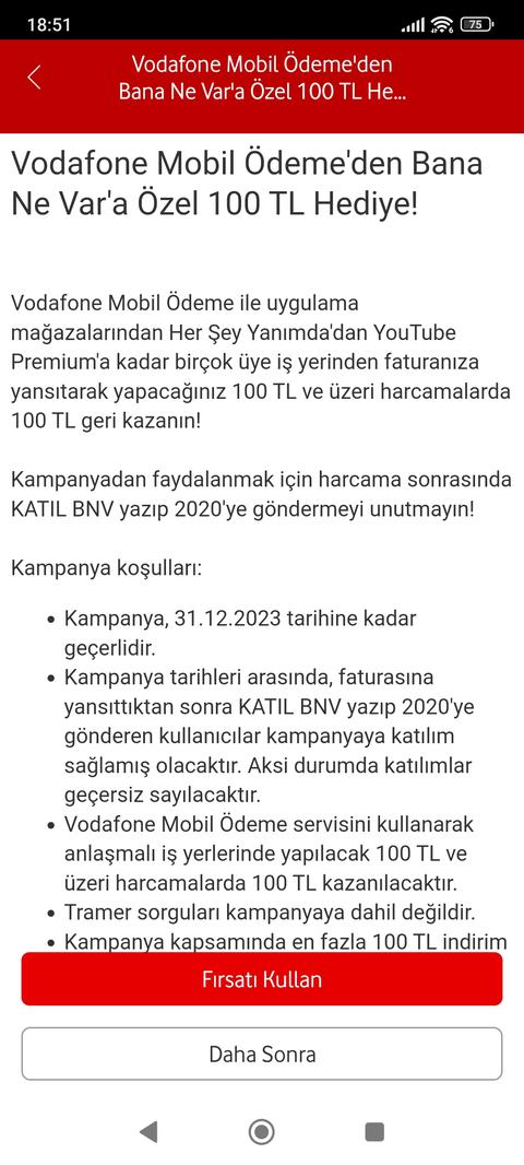 Vodafone yanımda 100 TL harca 100 TL iade