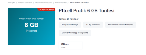 Pttcell 20 GB 90₺ (PTT çalışanı bularak geçiş yapabilirsiniz)