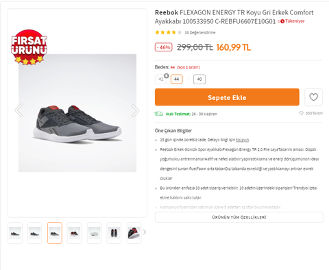 Reebok FLEXAGON ENERGY TR Koyu Gri Erkek Comfort Ayakkabı / Trendyol / 160 TL