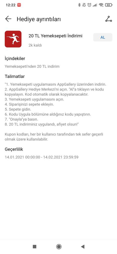 Appgallery 20 tl Yemeksepeti kodu