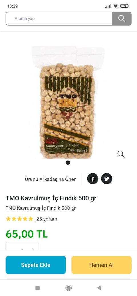 E-ptt AVM'de TMO 500 G Kavrulmuş Fındık 65 Tl