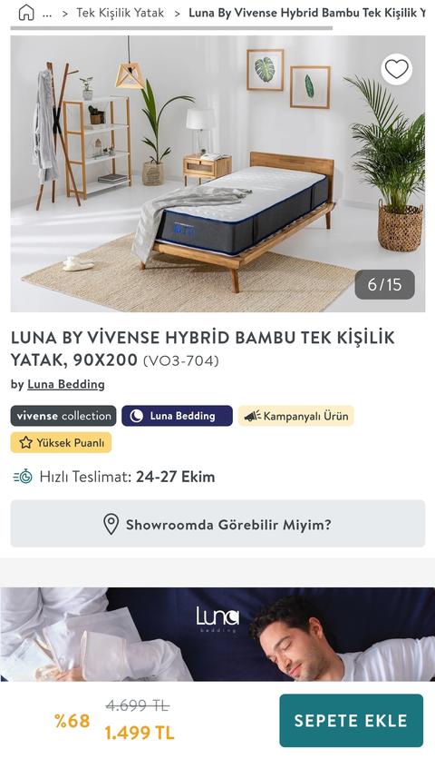 LUNA BY VİVENSE HYBRİD BAMBU TEK KİŞİLİK YATAK, 90X200 1500TL