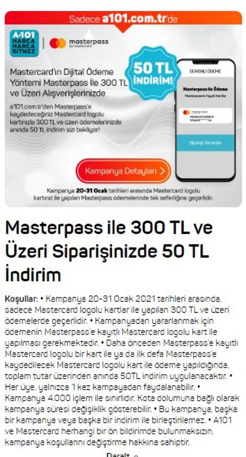 A101 online 300/90 indirimi (Masterpass içerir)