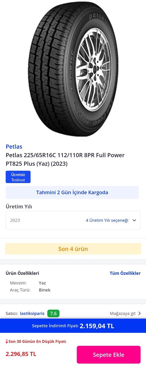 Petlas Full Power PT825 Plus 225/65 R16C 112/110R 8PR Yaz Lastiği 2159TL