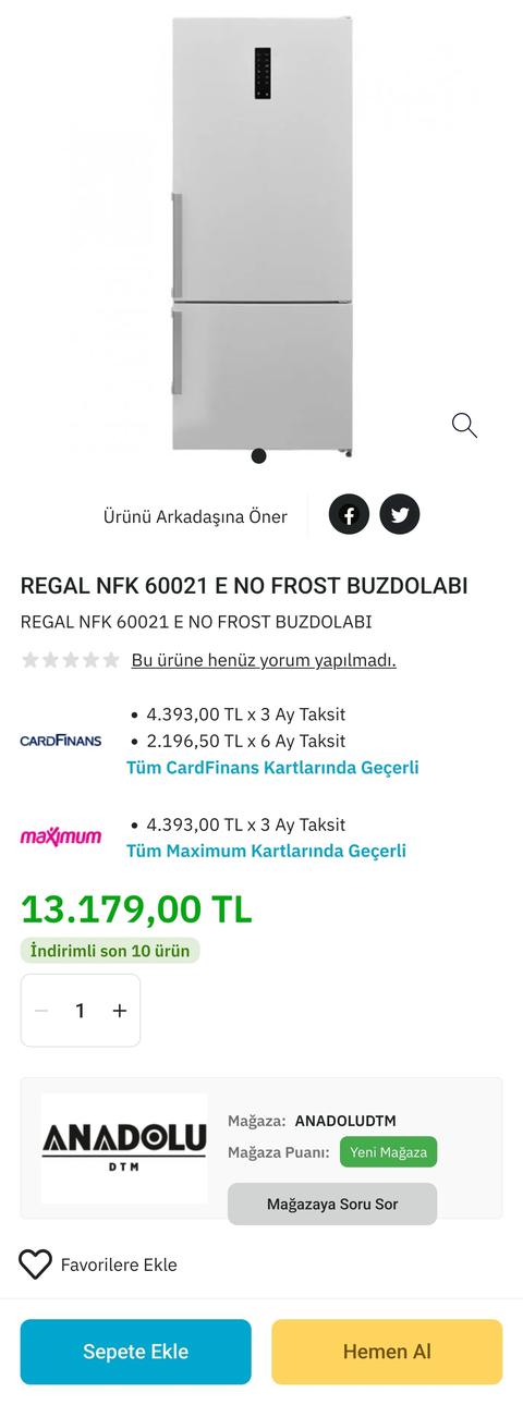 REGAL NFK 60021 E NO FROST BUZDOLABI 13179TL