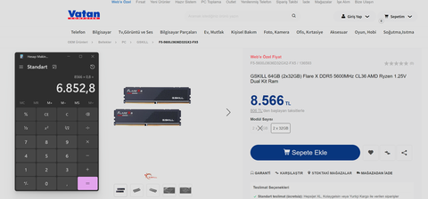 İzmir'de elden satılık: G.Skill Flare X5 64GB DDR5 5600 CL36 dual-kit bellek(F5-5600J3636D32GX2-FX5)