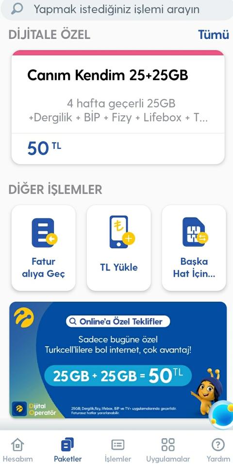 (BİTEN FIRSAT) SÜPER FIRSAT! TURKCELL FATURASIZ 25 GB + 25 GB 50 TL