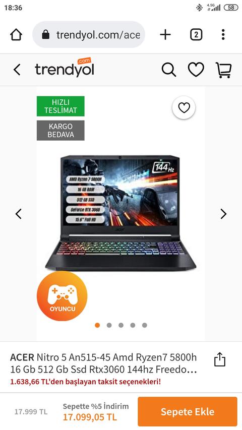 17.099 TL ACER Nitro 5 An515-45 Amd Ryzen7 5800h 16 Gb 512 Gb Ssd Rtx3060 144hz