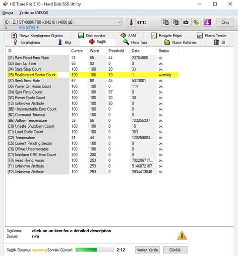 Yeni Seagate Disk Reallocated sector