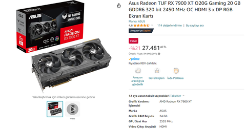 Asus Tuf 7900 XT Ekran kartı - 27.481 TL