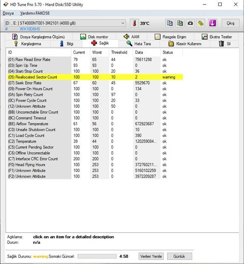 Yeni Seagate Disk Reallocated sector