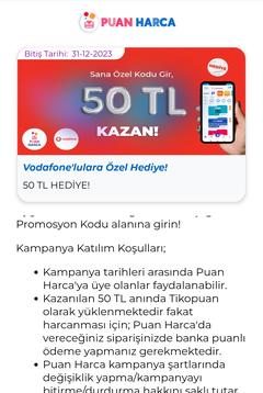 Puanharca uygulamasına yeni üye olan vodafonelulara 3 GB + 20 TL hakediş