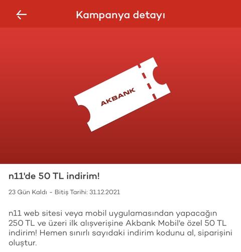 Akbank mobile özel N11’de 50₺ İndirim Kodu ( 250/50 )